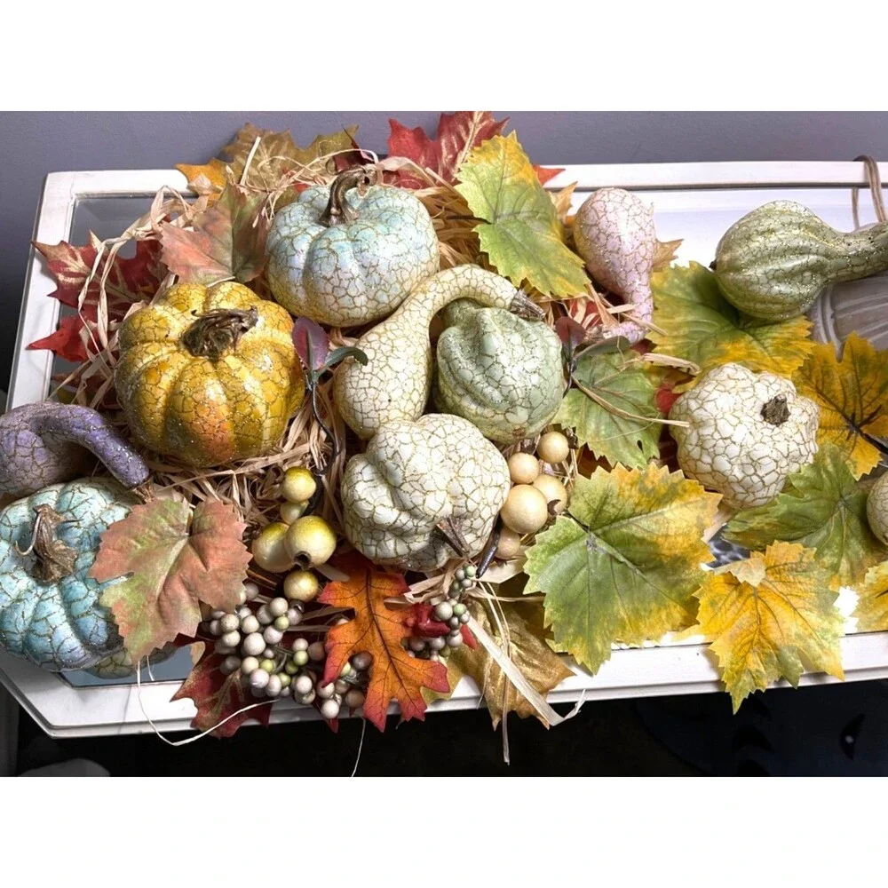 Pier 1 Autumn Harvest Crackle Pumpkin & Gourd Centerpiece With Leaves & Berries